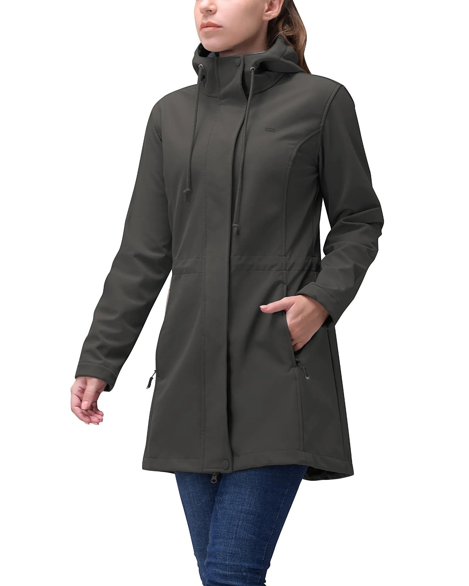 Women's Softshell Long Jacket with Hood Fleece Lined: 8000mm W/P index 1000 Level Breathable